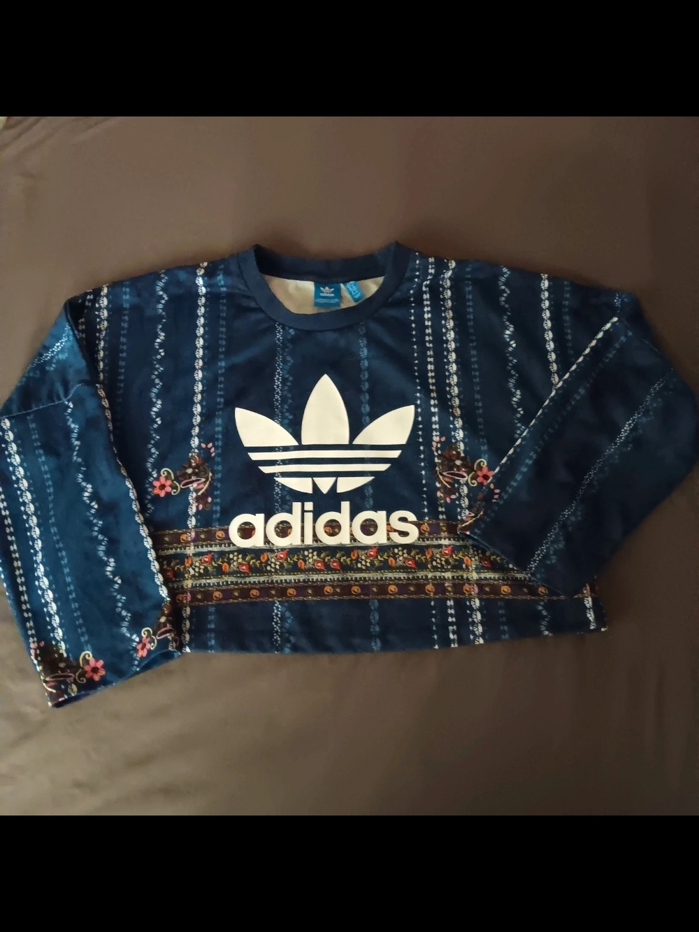 adidas Navy Blue Patterned Cropped Crew Sweatshirt with White Trefoil